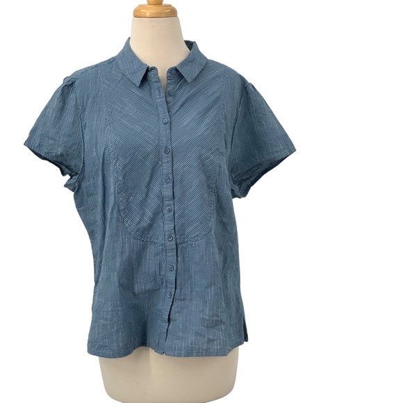 PrAna Katya Button Down Short Sleeve Organic Cotton‎ Blouse Blue/White Stripe XL - Picture 3 of 9
